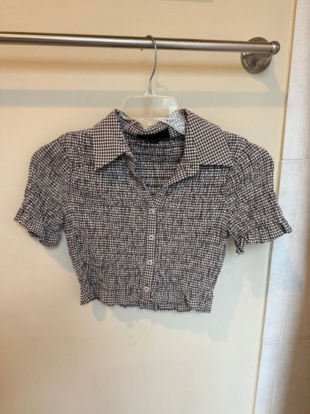 Zara Brown & White Gingham Smocked Cropped Button Top